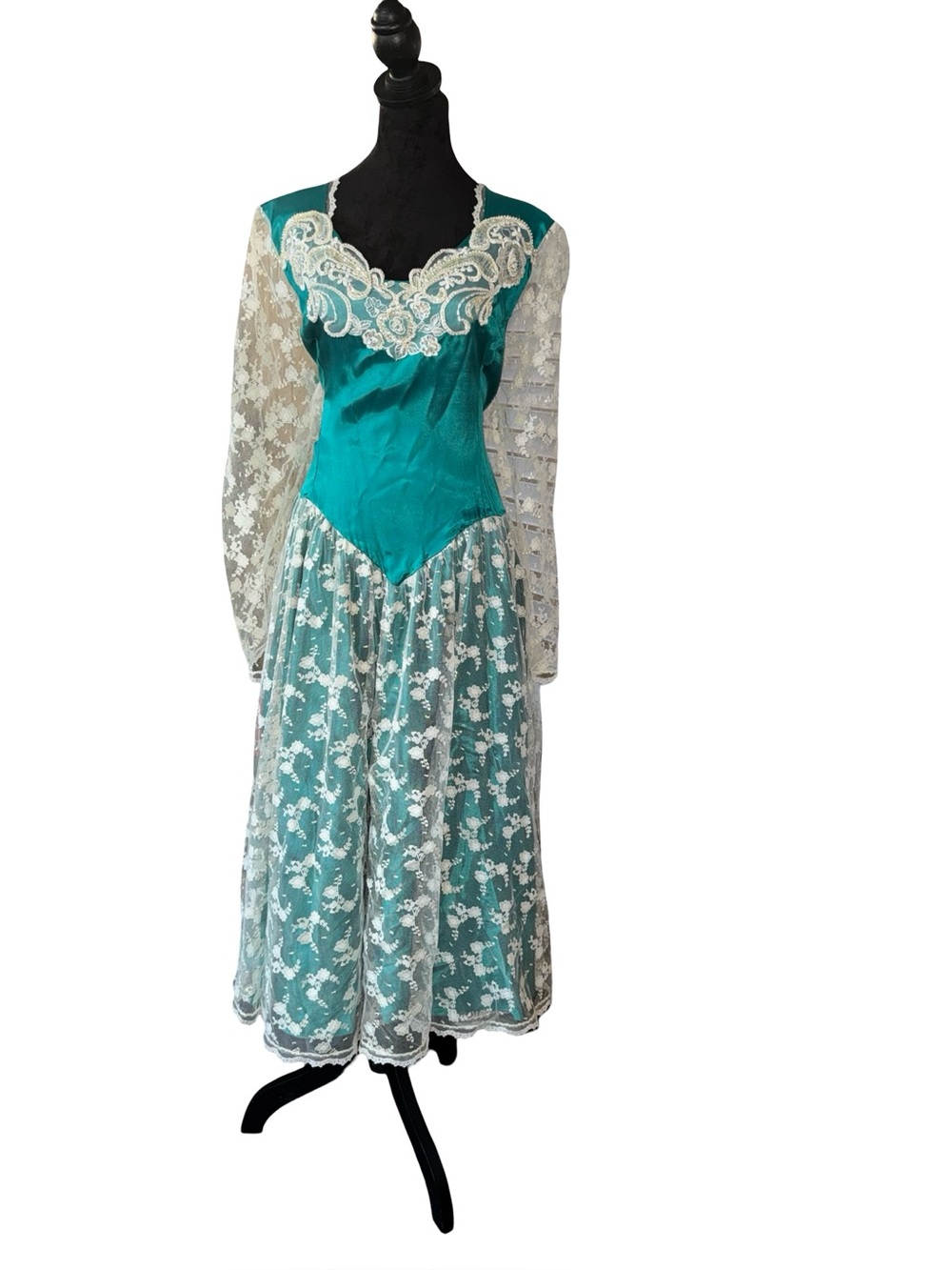 Vintage 80s Teal Satin Lace Beaded Prom Dress Open Back Gown size M/L?